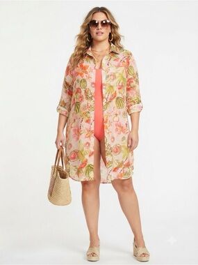 Printed Coral & Green Watermelon Beach Cover-Up Shirt Dress